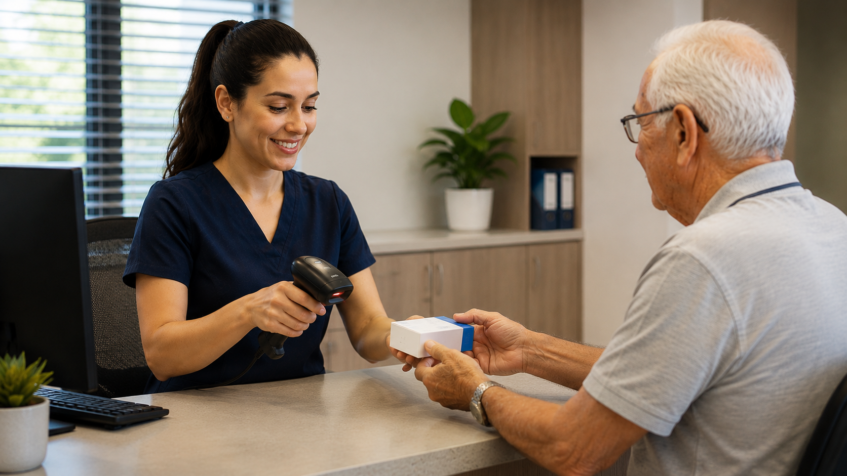 Profissional de clínica registrando um item para um paciente no balcão.